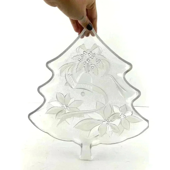 VTG Crystal 13" Christmas Tree Poinsettia Serving Platter Home Decor Mervyn's - Picture 2 of 9